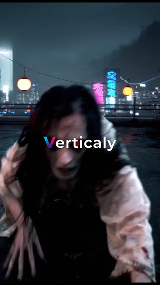 廃墟で佇む女、夜の都市