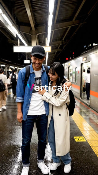 駅のホームで寄り添う二人