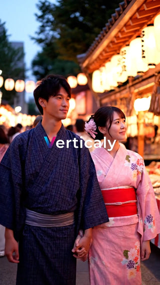 浴衣姿の二人、夏祭り散策