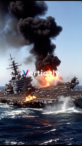 炎上する空母、海の荒波