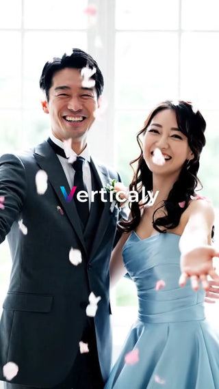 笑顔で花びらを浴びる二人