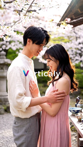 桜並木、寄り添う二人