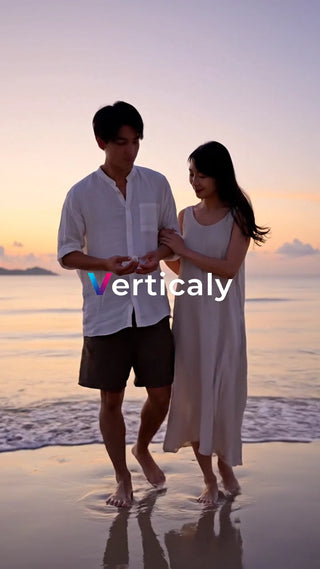 海辺を歩く二人、夕焼け空