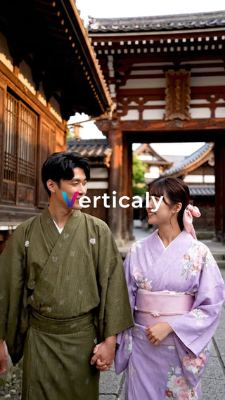 着物姿のカップル、散策