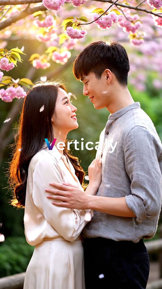 桜並木、寄り添う二人