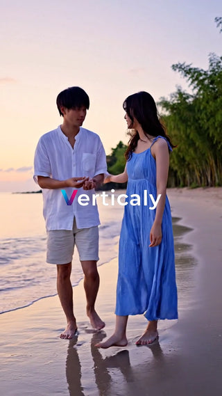 浜辺を歩くカップル、夕焼け空