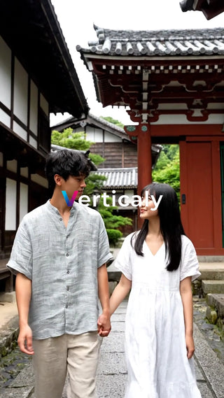 手をつなぐ二人、古都散策