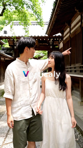 寺社巡りのカップル、笑顔で散歩