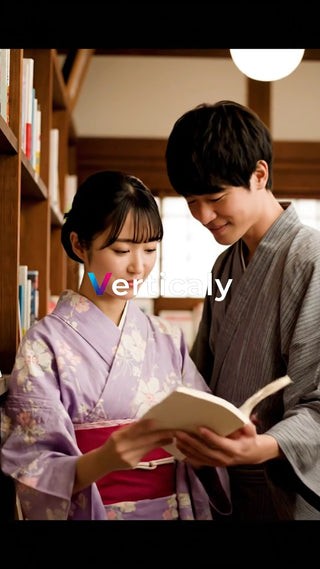 浴衣姿の二人、図書館で読書