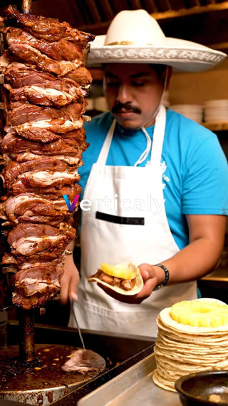 タコスを焼く職人、笑顔で提供