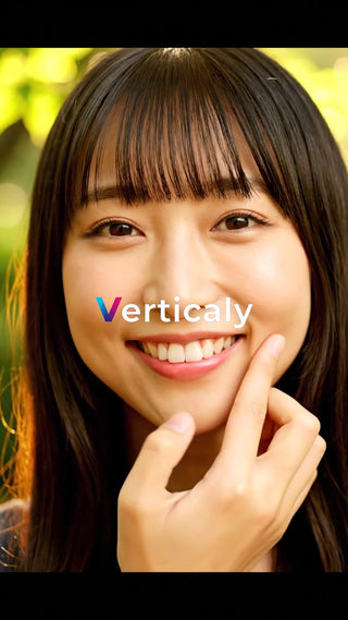 微笑む女性、頬に指を添えて