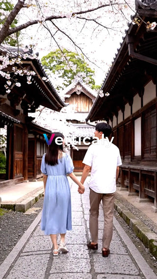 桜並木を歩く二人