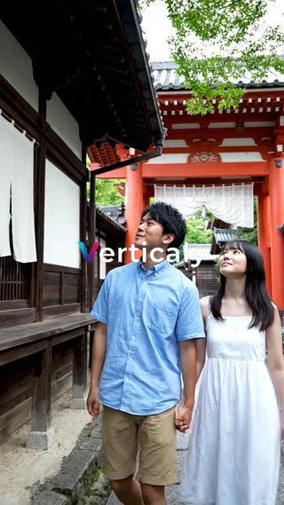 日本の寺社を散策する二人