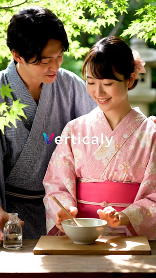 浴衣姿の二人、茶を点てる