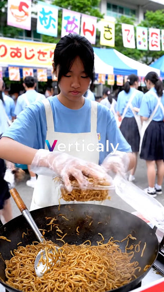 屋台で焼きそばを作る女性