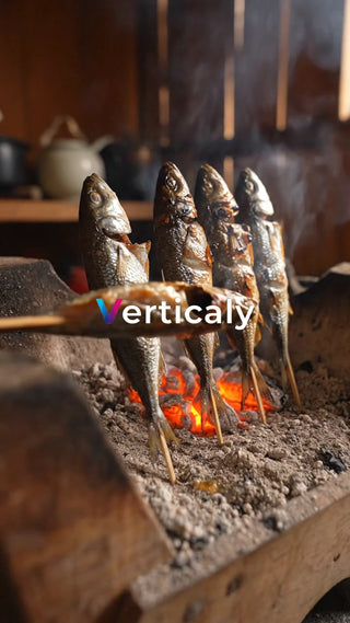 魚を串焼き、炭火で焼く