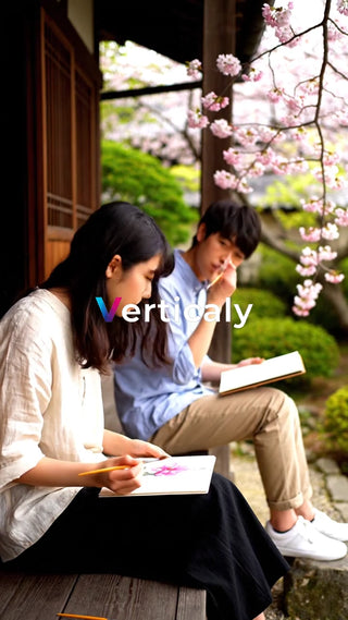 桜並木の下で絵を描く