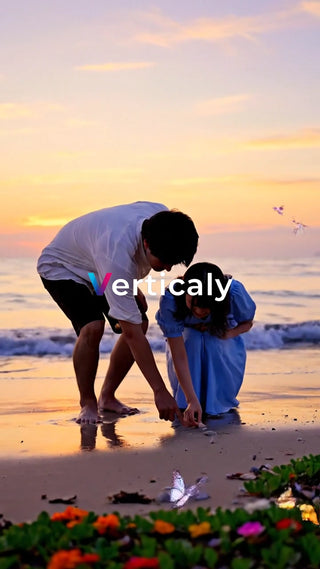 砂浜で貝殻を探す二人