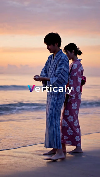 浴衣姿の二人、夕暮れの海辺