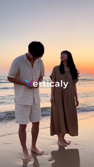 海辺で過ごす二人、夕焼け空