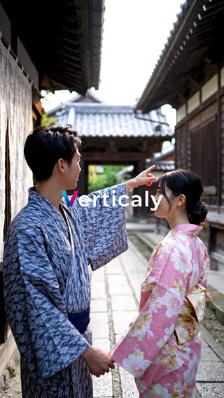 浴衣姿の二人、路地裏デート