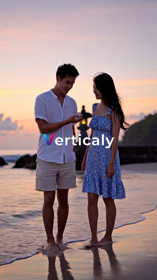 海辺で語らう二人、夕焼け空