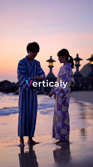 浴衣姿の二人、夕暮れの浜辺