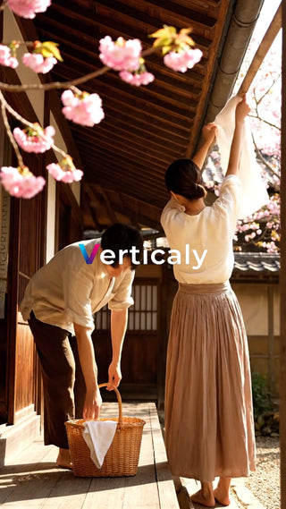 桜並木、バスケットを持つ二人