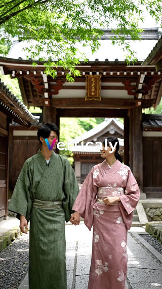 着物姿のカップル、散策日和