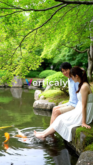 池畔で語らう二人、水面に映る