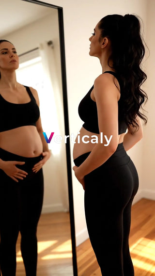 妊娠中の女性、鏡を見る