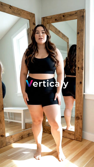 全身黒コーデ、鏡越しに