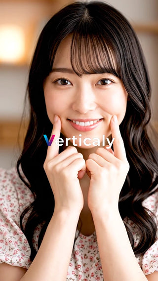 頬を触る女性、笑顔が眩しい