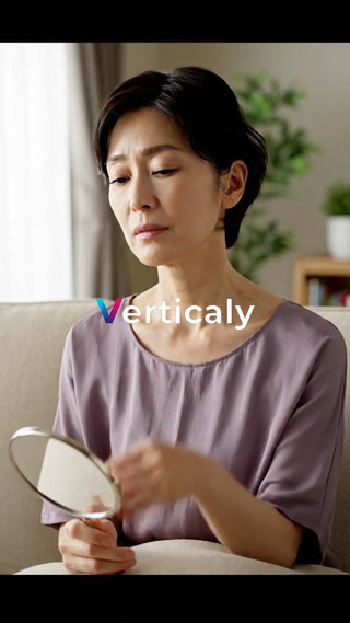 鏡を見る女性、悩み顔