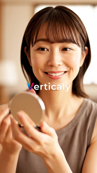 笑顔で鏡を見る女性