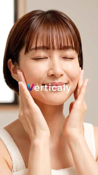 頬を触る女性、笑顔が素敵