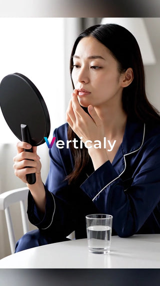 鏡を見る女性、リップケア