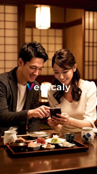 二人のディナー、スマホを眺めて