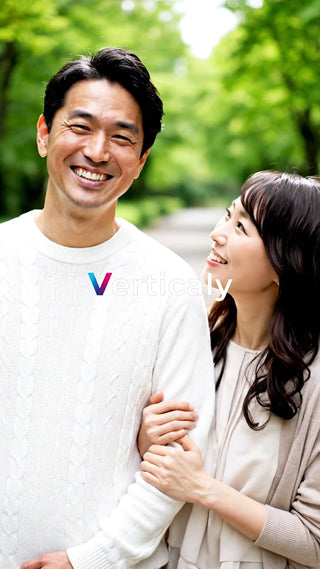 寄り添う二人の笑顔、公園にて