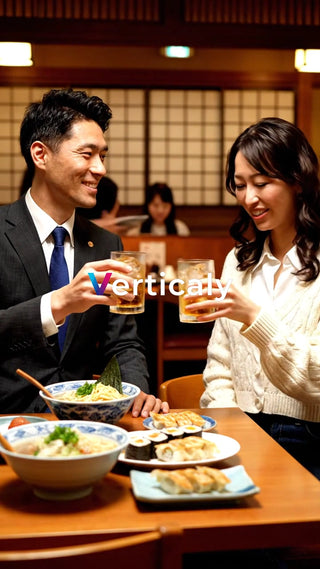 食事を楽しむ男女、笑顔で乾杯