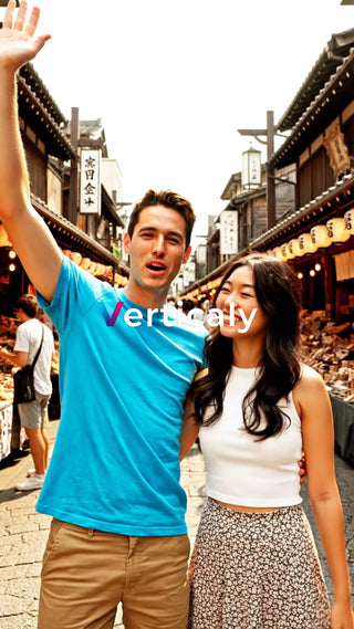 日本の街並みを歩くカップル