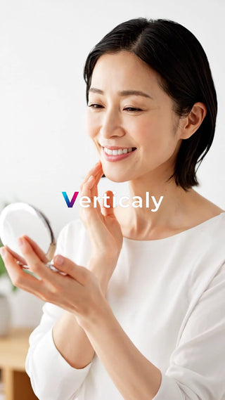 鏡を見る女性、笑顔が素敵