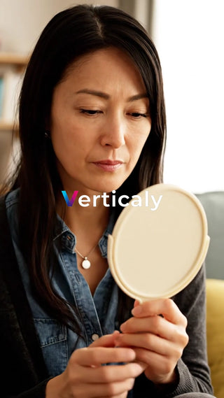 鏡を見る女性、表情は