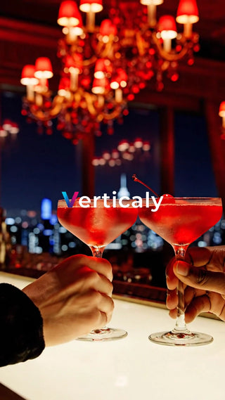 乾杯、夜景をバックに