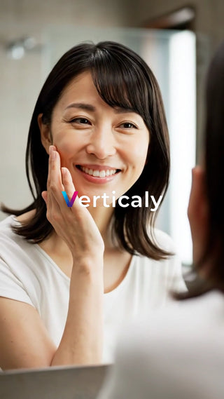 鏡を見る女性、笑顔が素敵