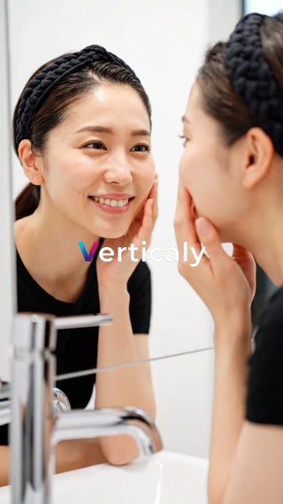 鏡を見る女性、笑顔で