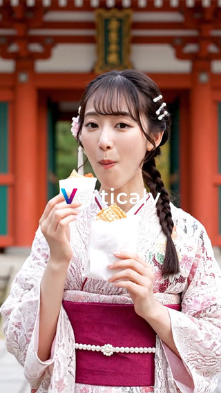 着物姿でたい焼きを頬張る