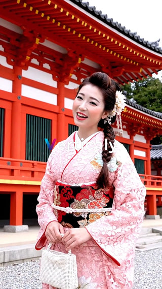 着物姿の女性、笑顔で街歩き