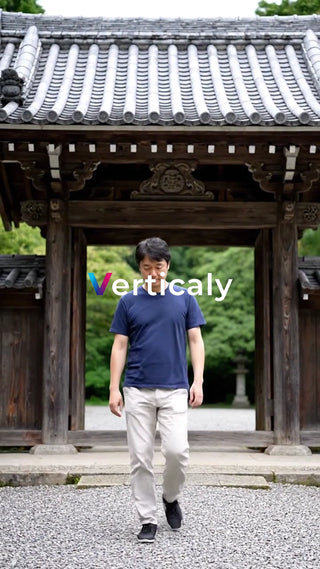 寺の門を歩く男性