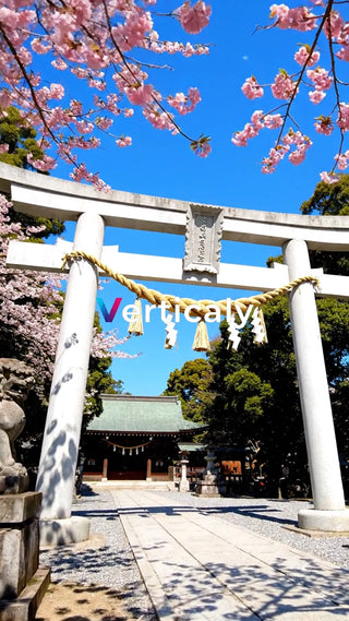 桜咲く鳥居と青空